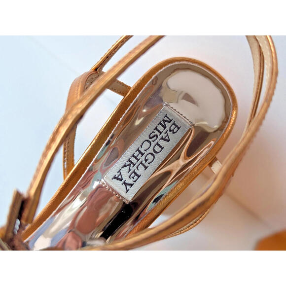 Badgley Mischka Ivanka Gold Strappy Heels Sz 6~ 3.5" Block Heel Open Toe Club - Picture 3 of 9